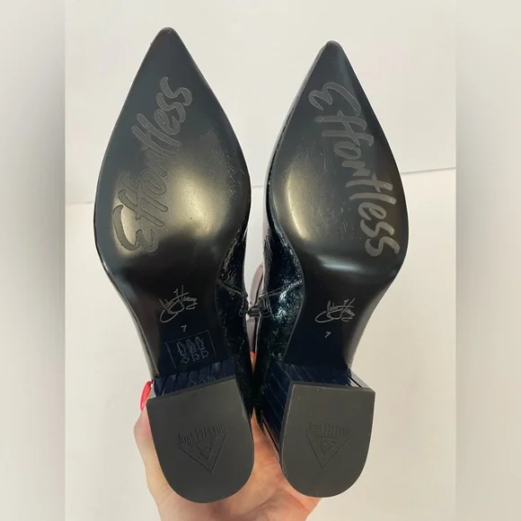 John Fluevog effortless Miranda Ankle Boots patent leather black heel sapphire 7